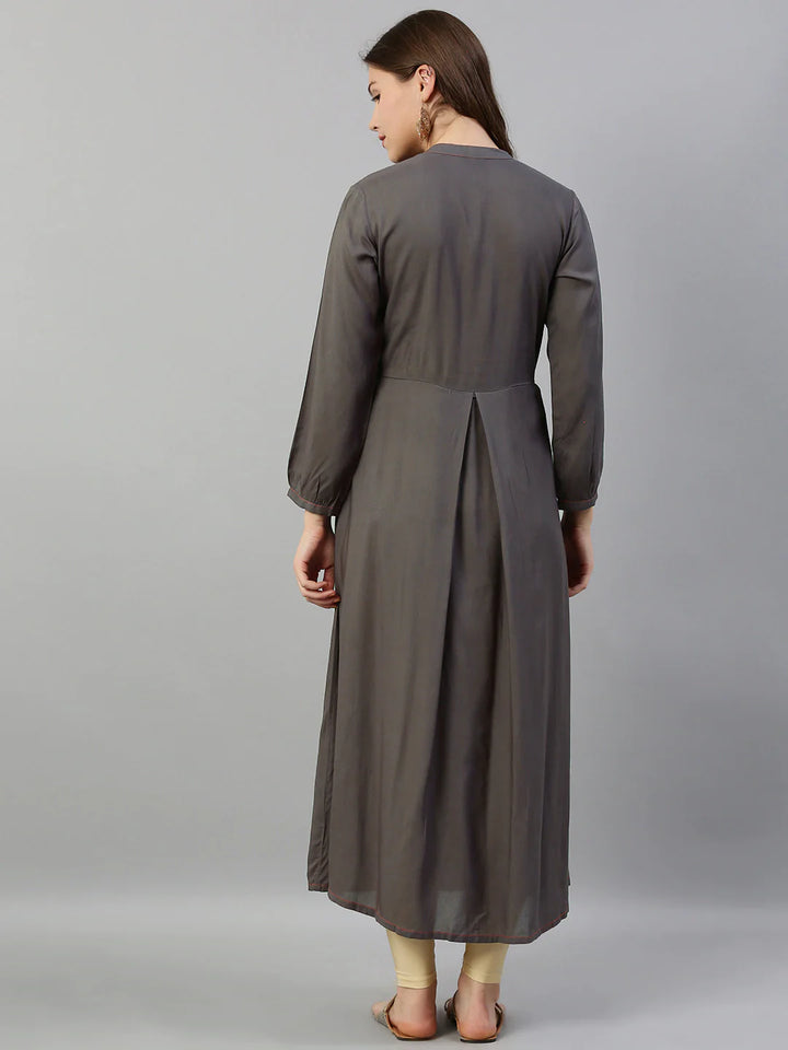 Neerus Grey embroidered A-line kurta - side view