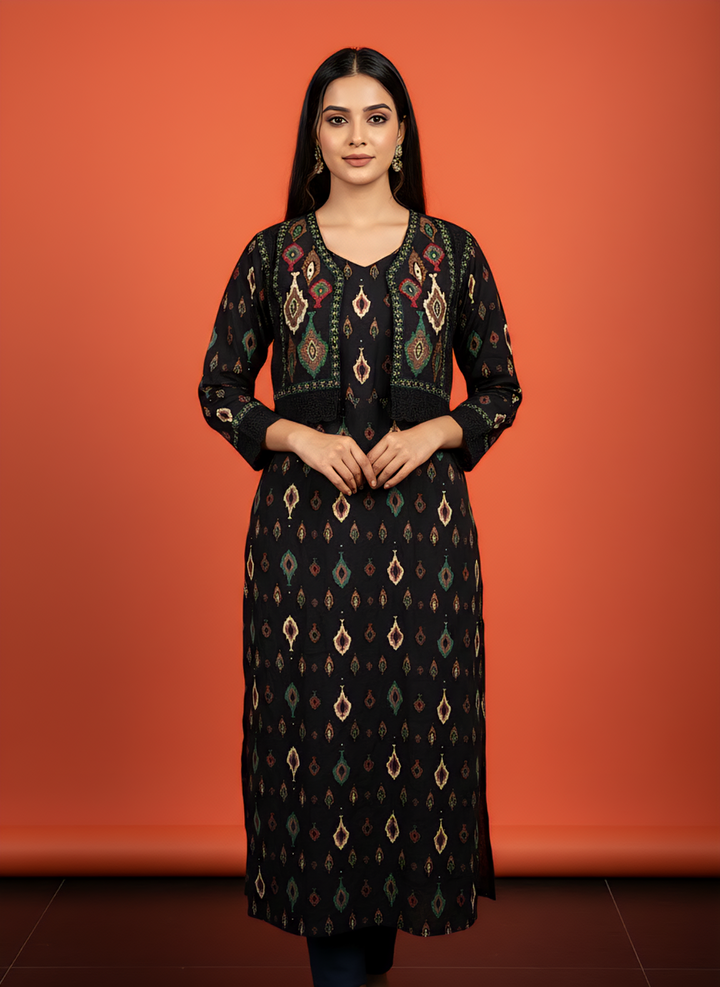 Neerus Black cotton digital printed kurti - front view
