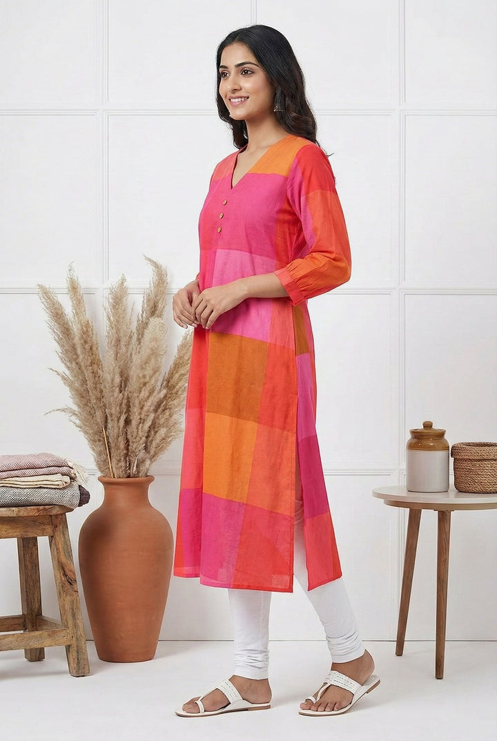 Neerus Pink orange colorblock cotton kurta - back view