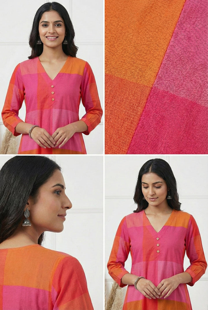 Neerus Pink orange colorblock cotton kurta - detail view 1
