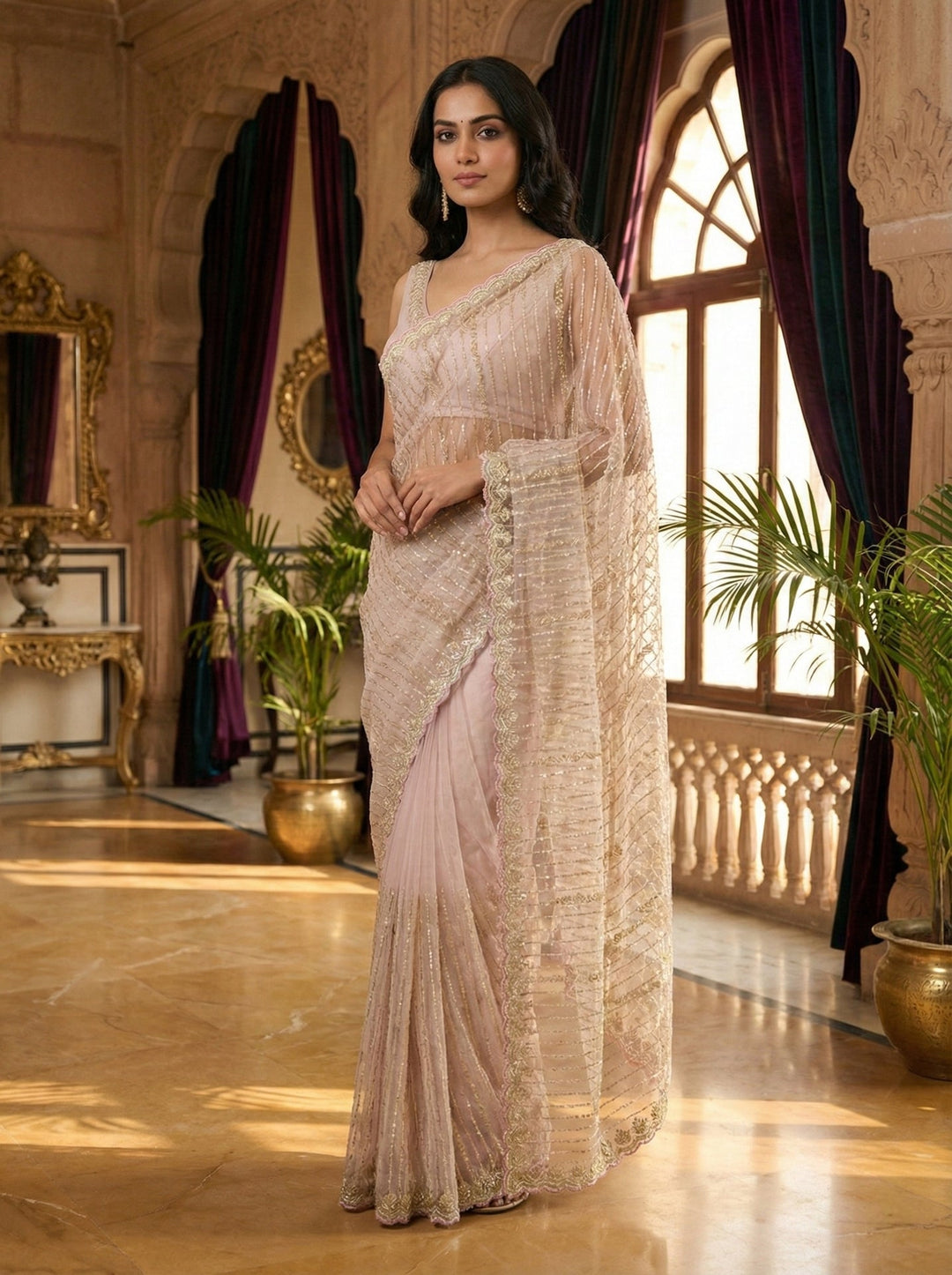 Neerus Purple net hand embroidered saree - front view