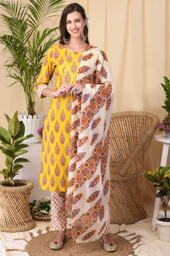 Neerus Yellow cotton kurta set with dupatta - front view