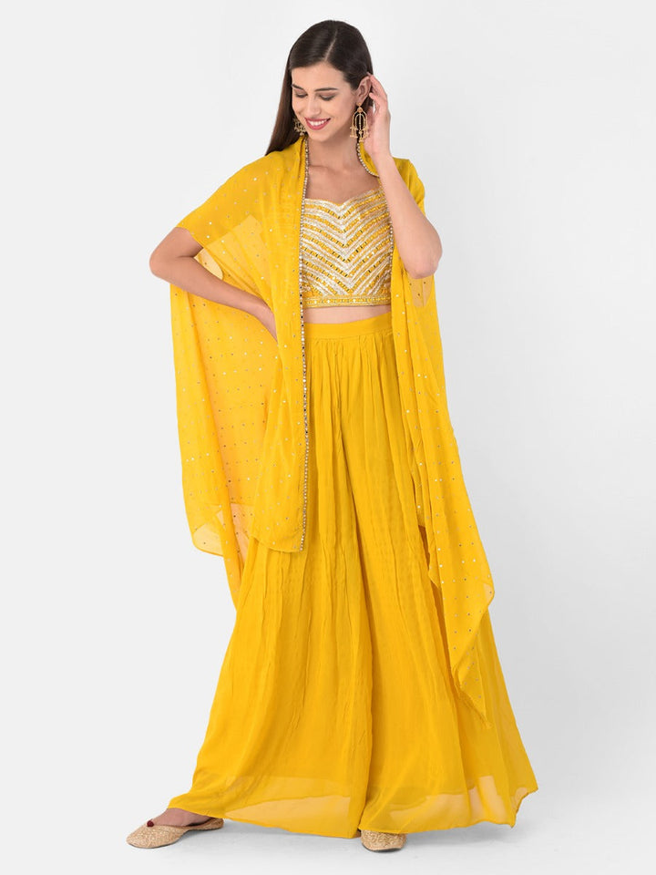 Neerus Yellow georgette printed suit set - front view