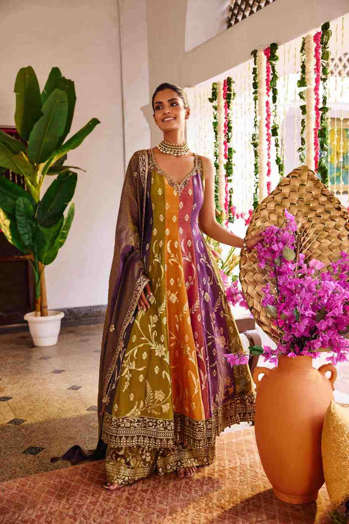 Multi Color Tissue Hand Embroidery Anarkali