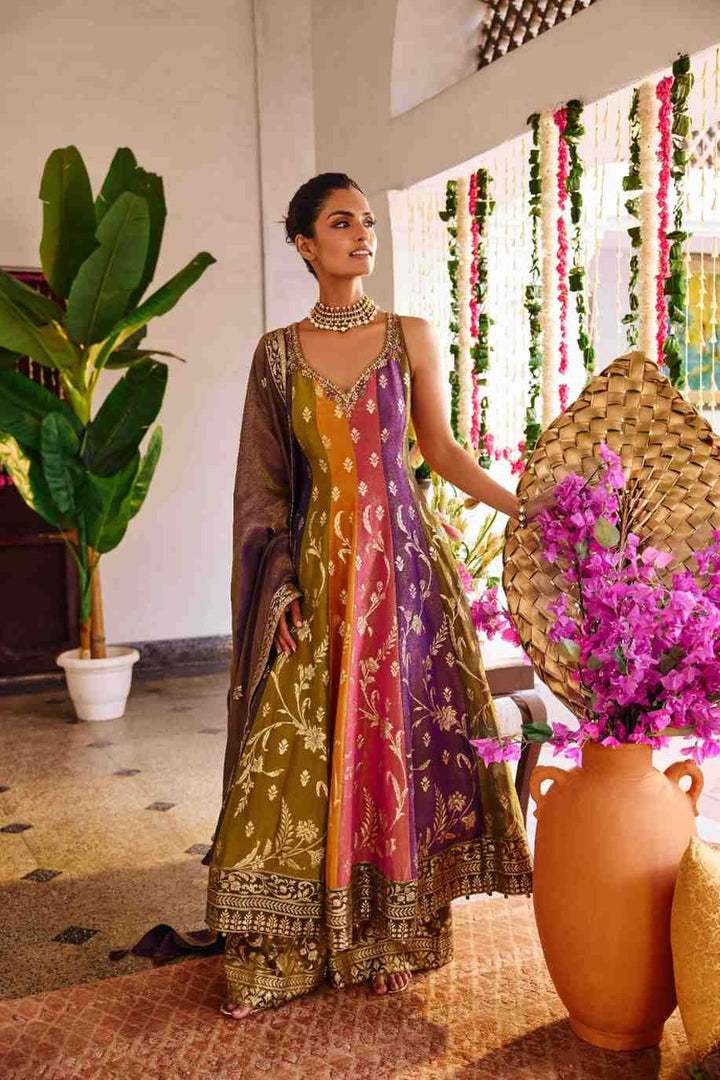 Multi Color Tissue Hand Embroidery Anarkali