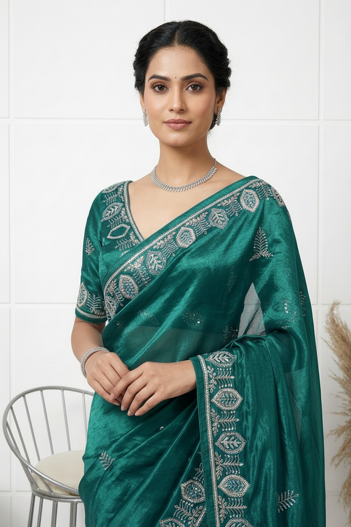 Neerus Green organza embroidered saree - back view