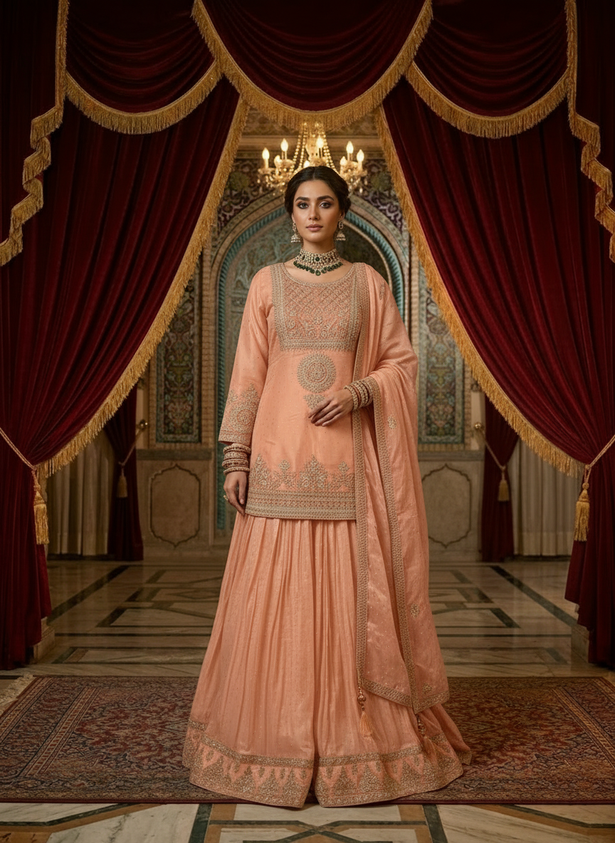 Neerus Pink silk hand embroidered floral lehenga set - front view