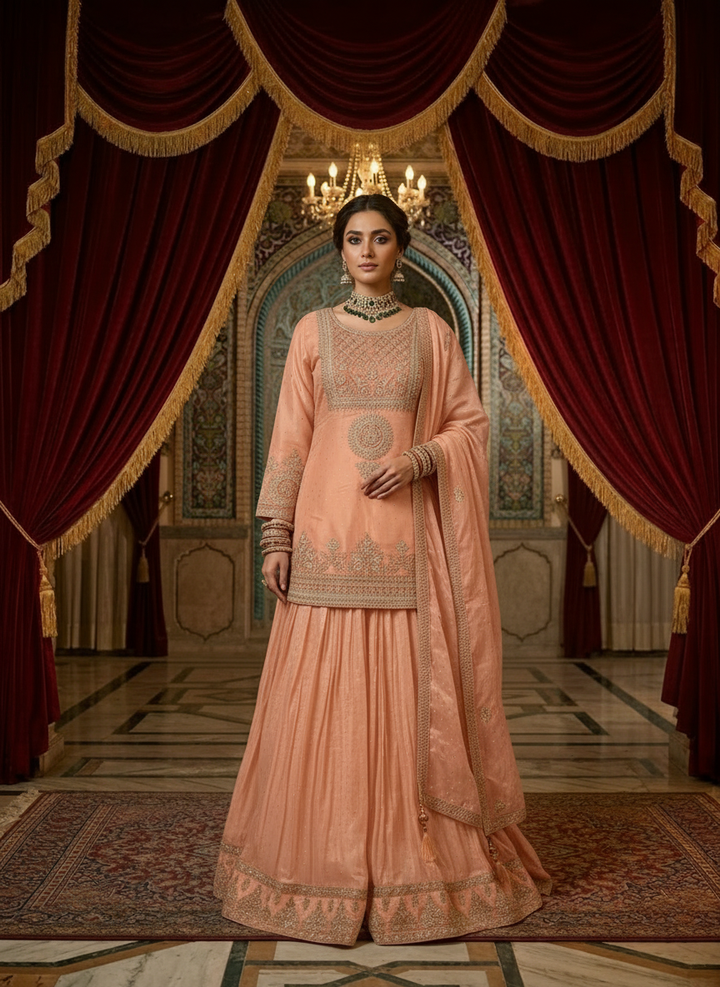 Neerus Pink silk hand embroidered floral lehenga set - front view
