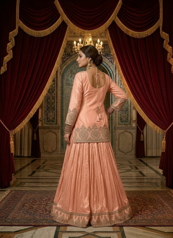 Neerus Pink silk hand embroidered floral lehenga set - back view
