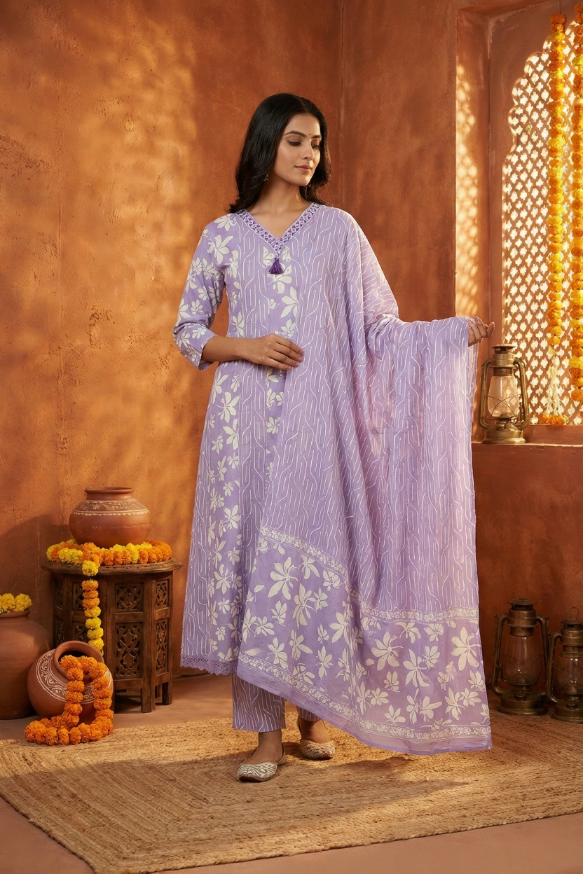 Neerus Purple cotton thread embroidered suit set - detail view 3