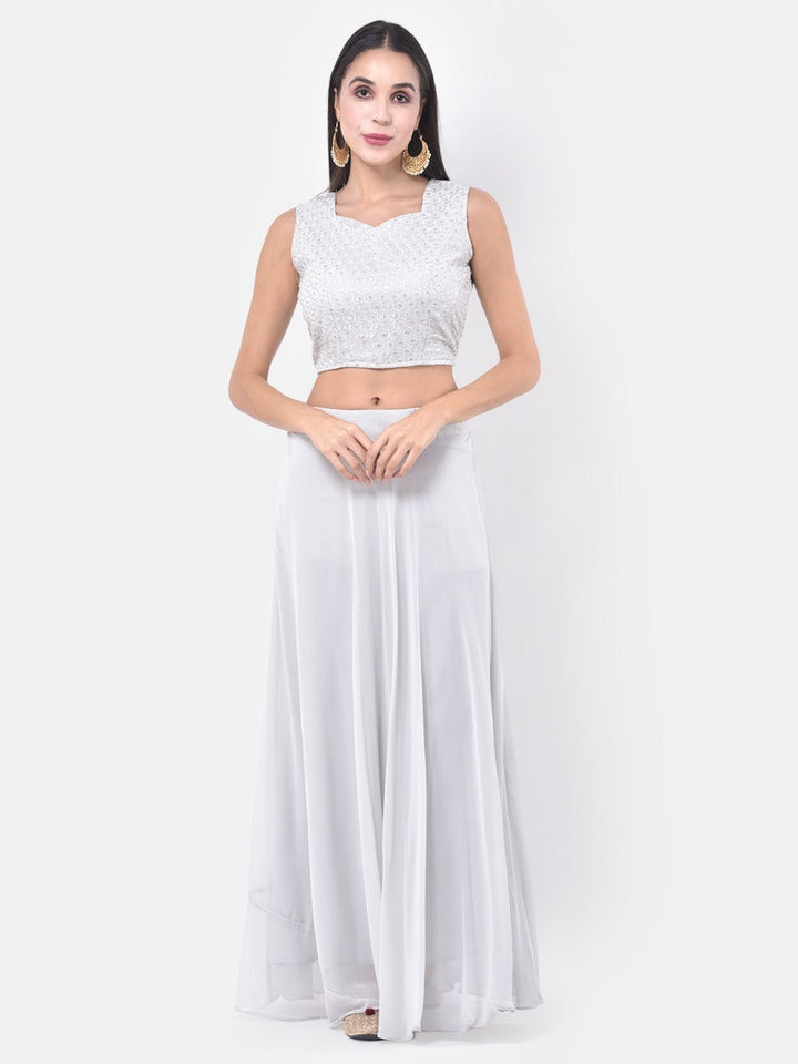 Neerus White embroidered co-ord set top skirt shrug - detail view 6