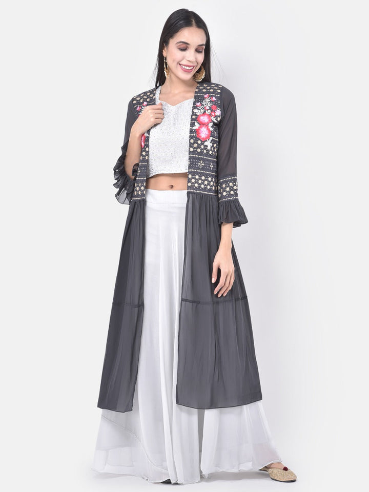 Neerus White embroidered co-ord set top skirt shrug - front view