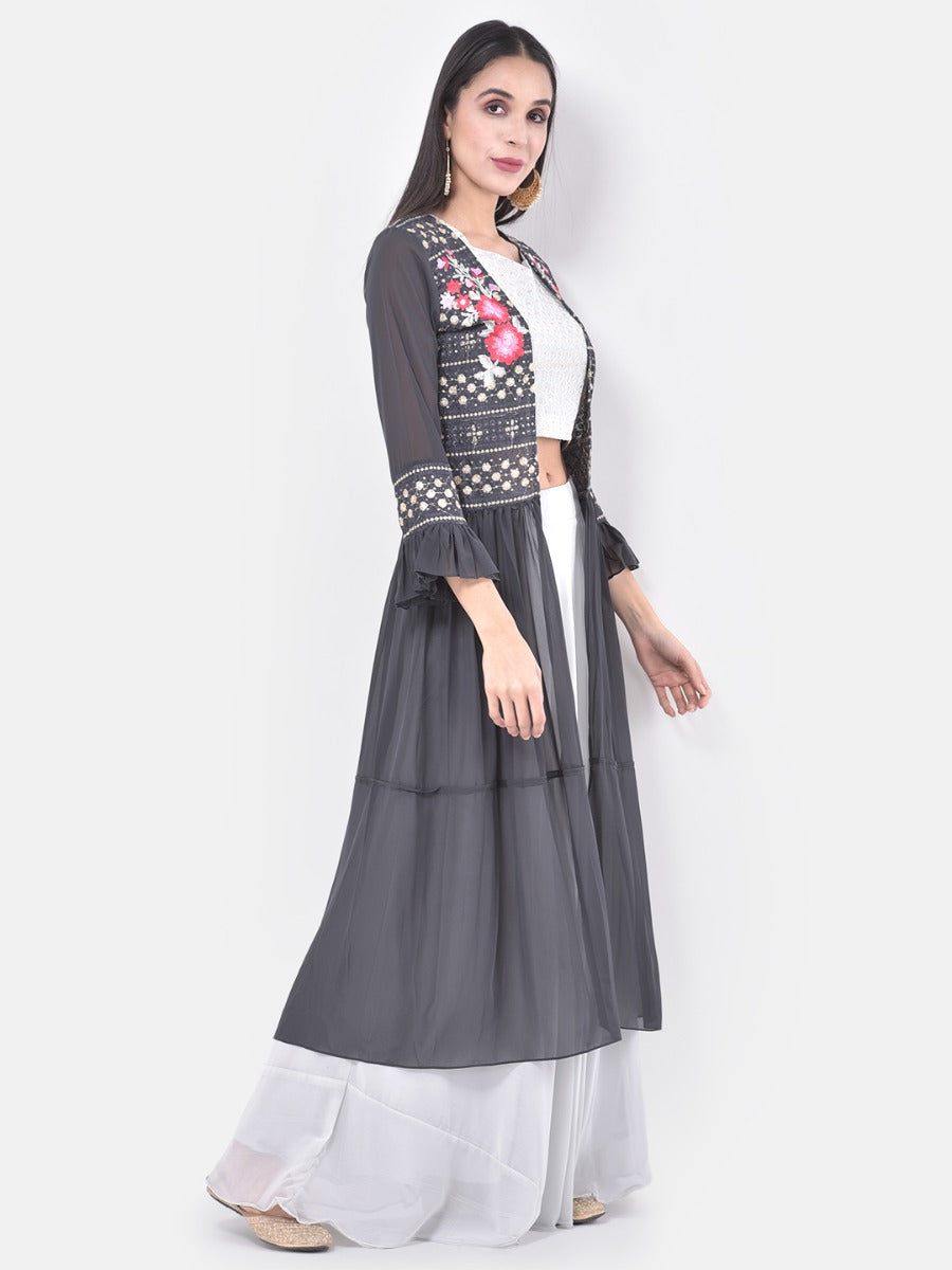 Neerus White embroidered co-ord set top skirt shrug - detail view 2