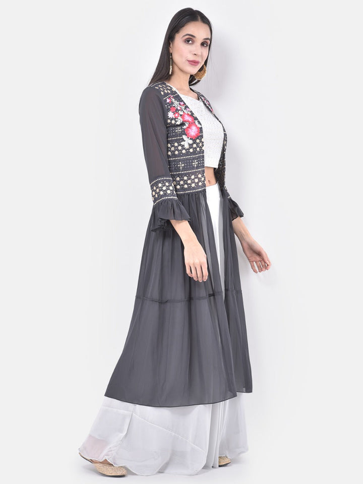 Neerus White embroidered co-ord set top skirt shrug - detail view 2