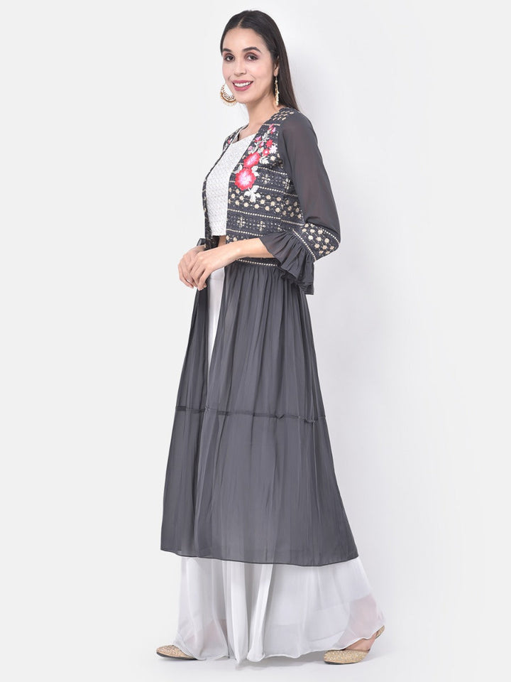 Neerus White embroidered co-ord set top skirt shrug - detail view 3