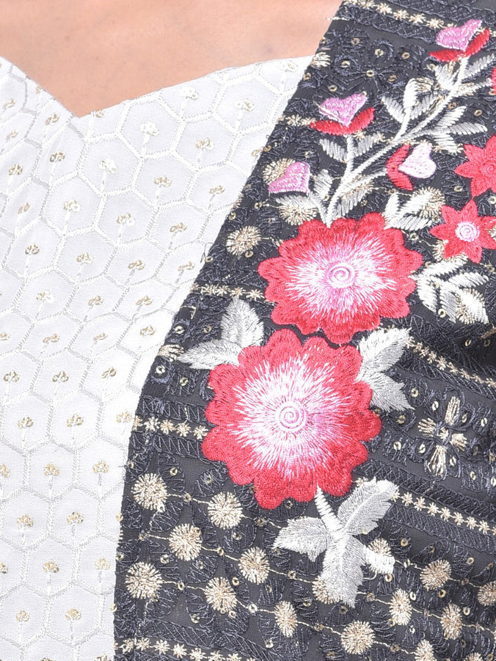 Neerus White embroidered co-ord set top skirt shrug - detail view 4