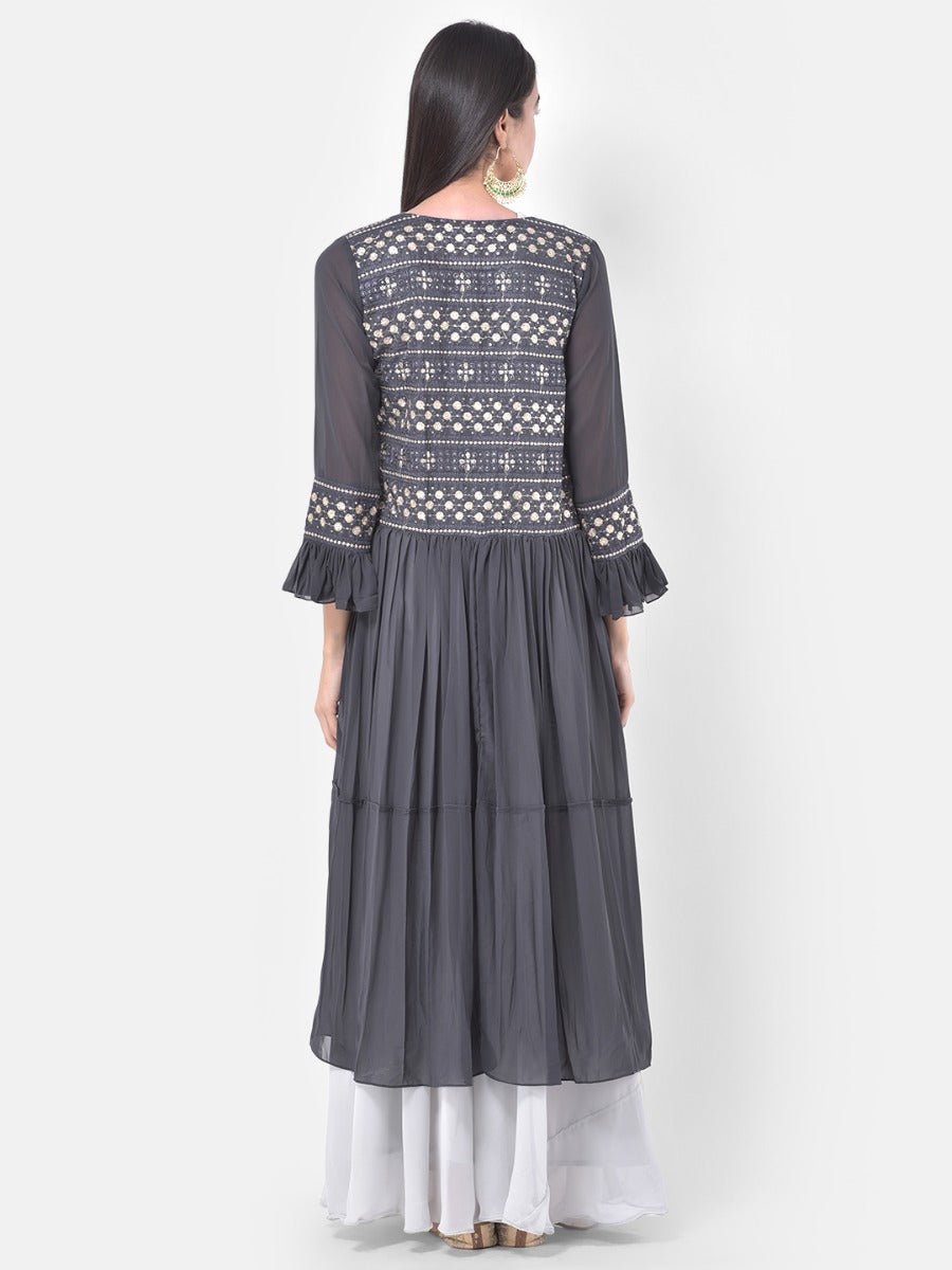 Neerus White embroidered co-ord set top skirt shrug - back view