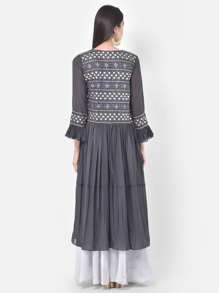Neerus White embroidered co-ord set top skirt shrug - back view