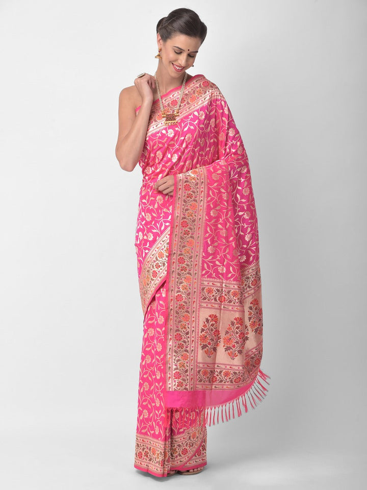 Neerus Pink silk woven saree - front view