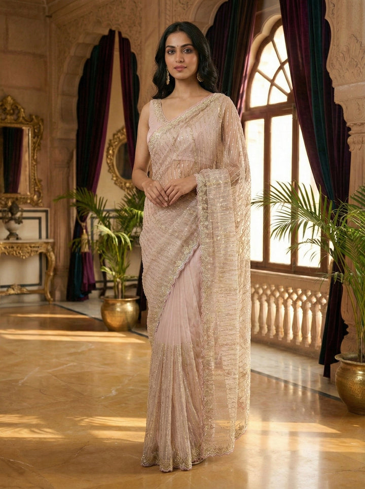 Neerus Purple net hand embroidered saree - back view