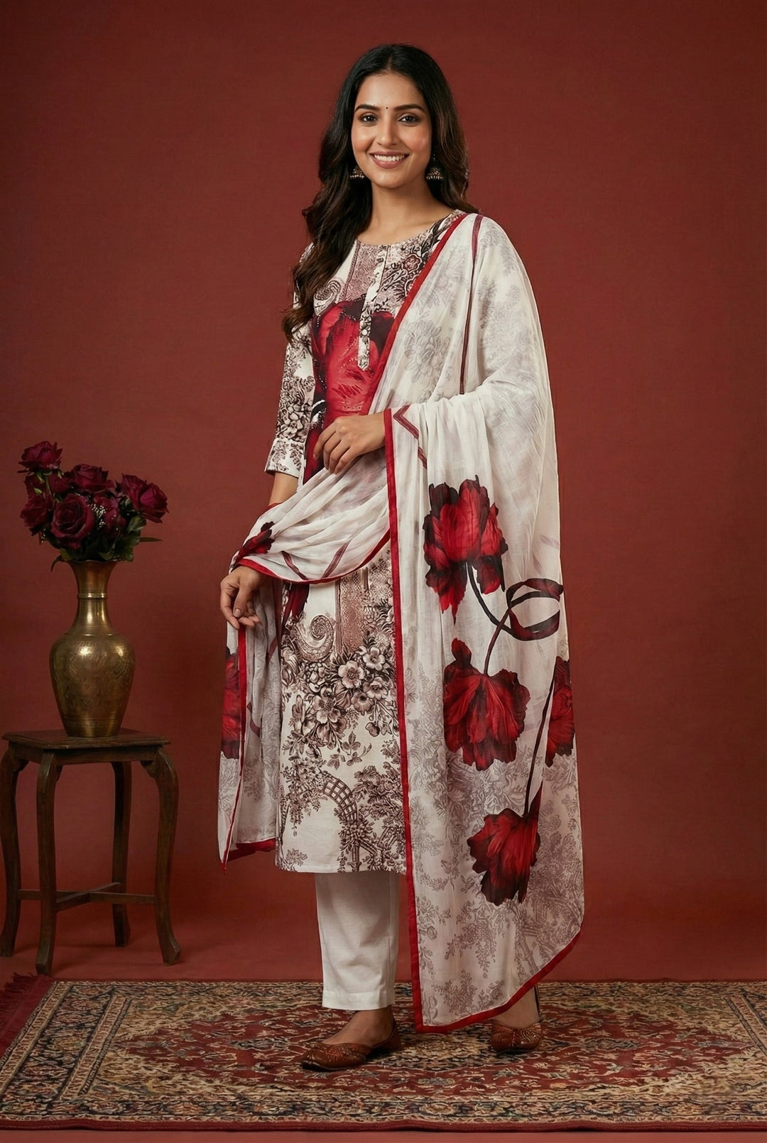 Neerus White cotton digital printed suit set - front view