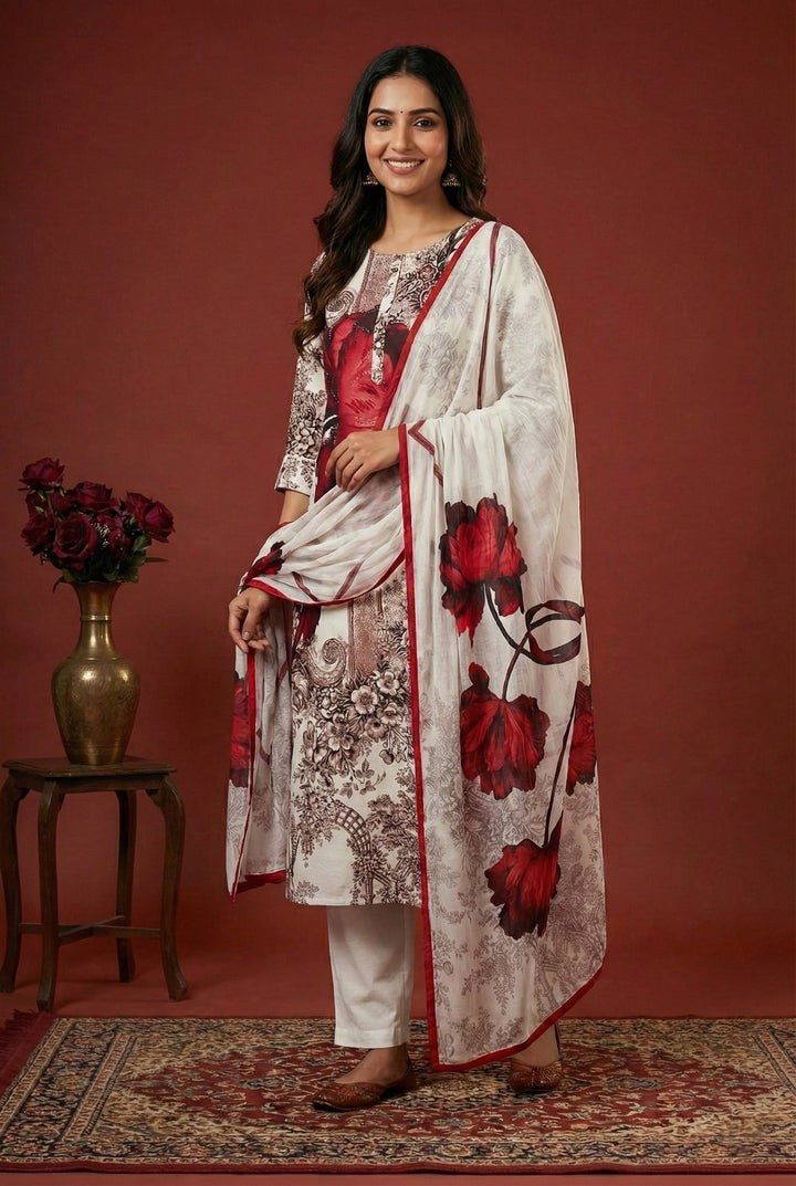 Neerus White cotton digital printed suit set - front view
