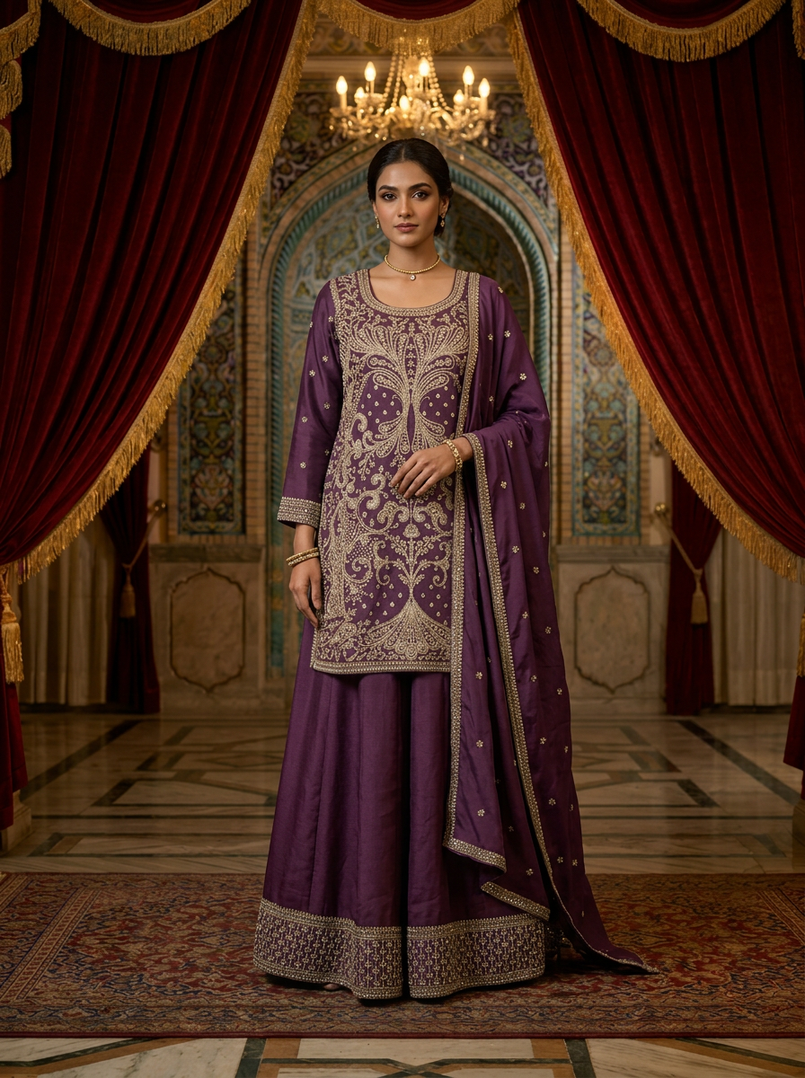 Neerus Maroon Chinon hand embroidered sharara set - front view