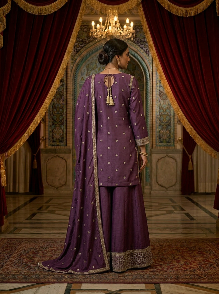 Neerus Maroon Chinon hand embroidered sharara set - back view