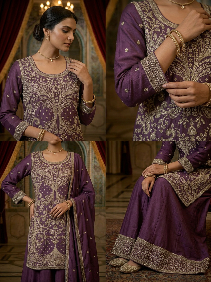 Neerus Maroon Chinon hand embroidered sharara set - side view