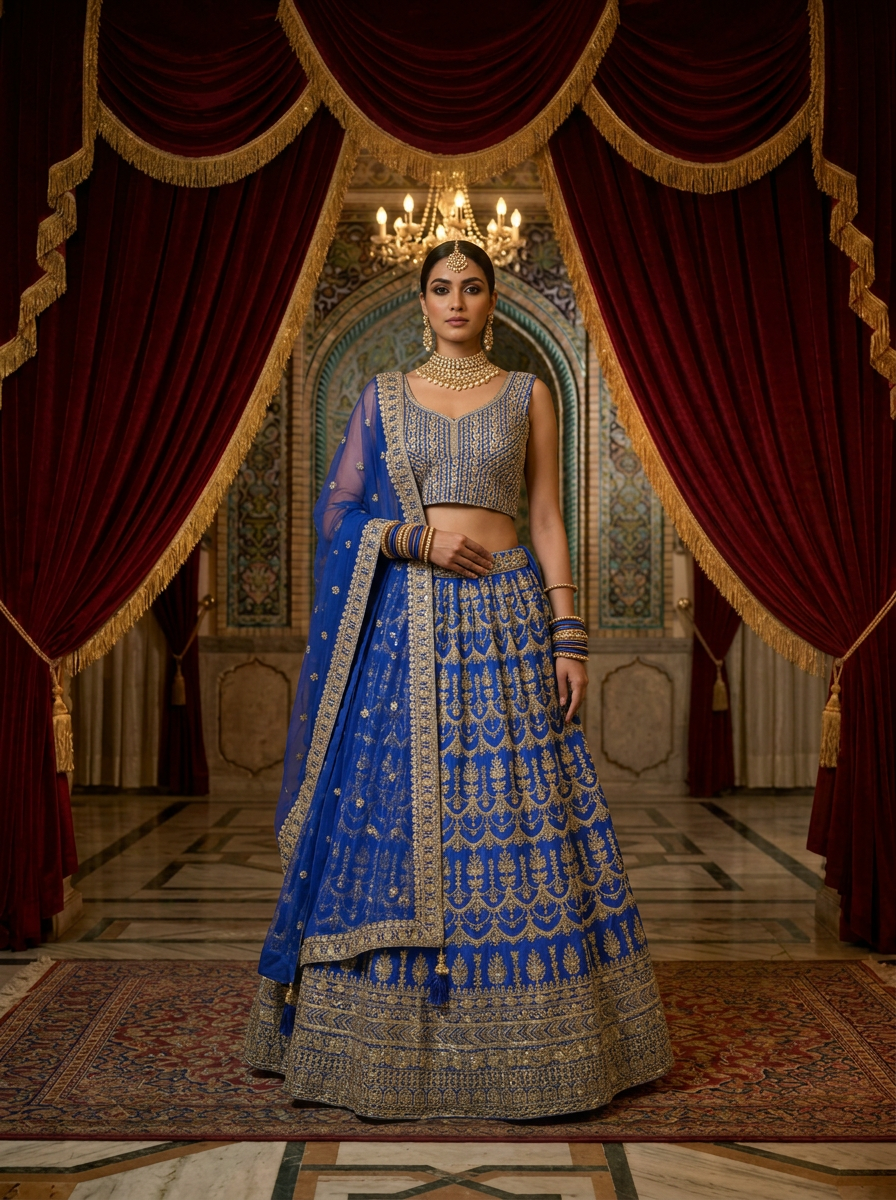 Neerus Blue Georgette Embroidered Lehenga Set - front view