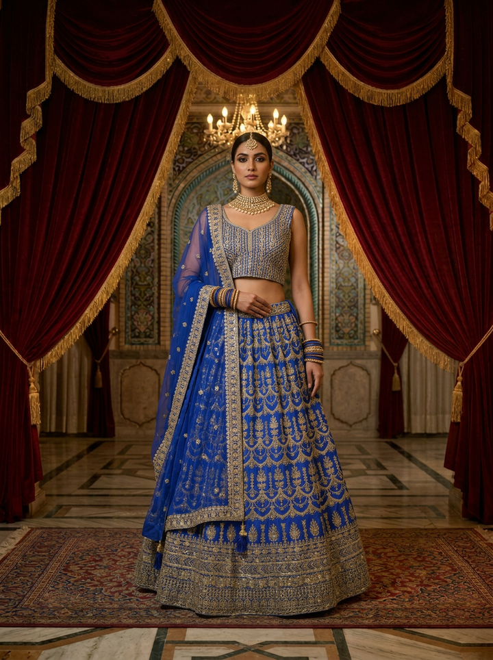 Neerus Blue Georgette Embroidered Lehenga Set - front view