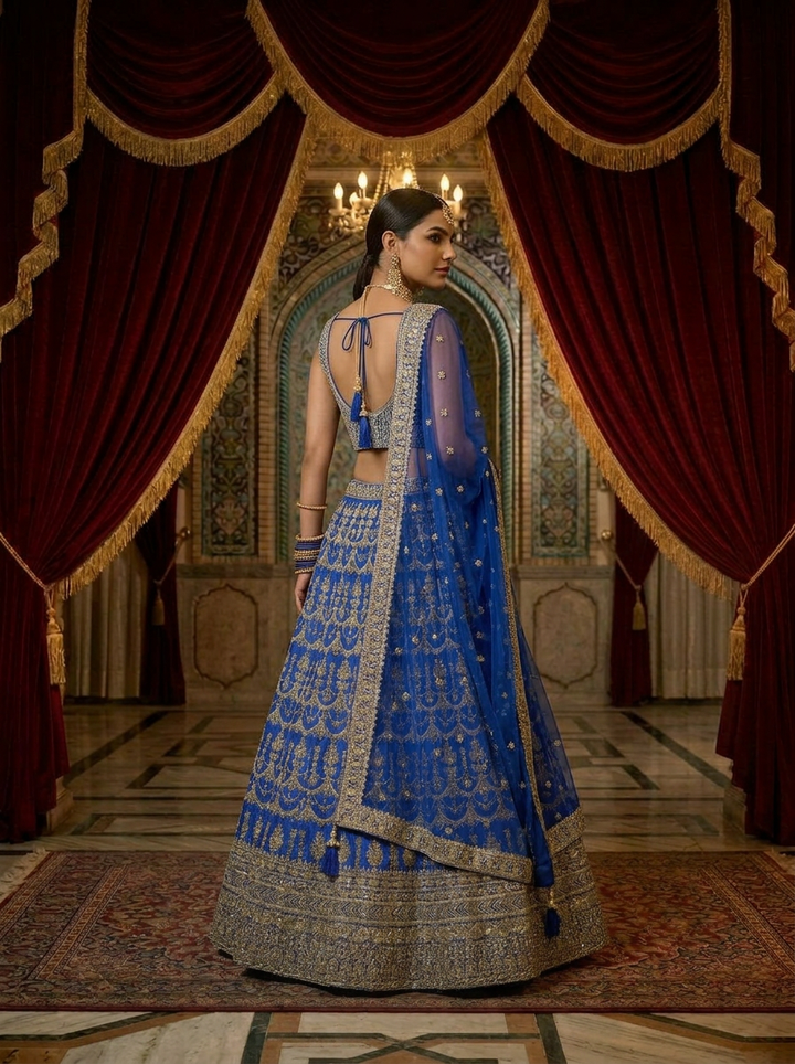 Neerus Blue Georgette Embroidered Lehenga Set - back view