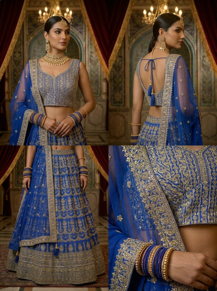 Neerus Blue Georgette Embroidered Lehenga Set - side view