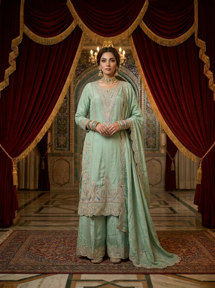 Neerus Green georgette embroidered suit set - front view