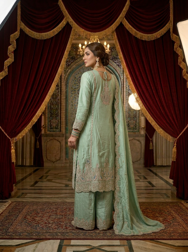 Neerus Green georgette embroidered suit set - back view