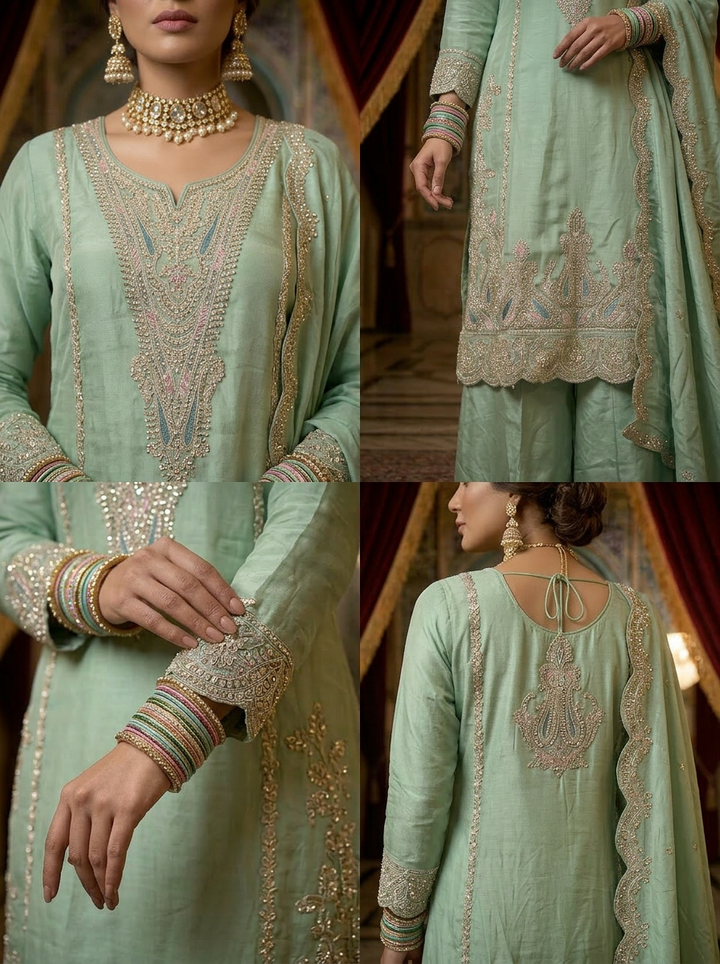 Neerus Green georgette embroidered suit set - side view