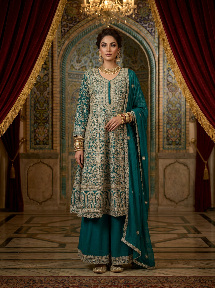 Neerus Green georgette embroidered suit set with palazzo and dupatta - front view