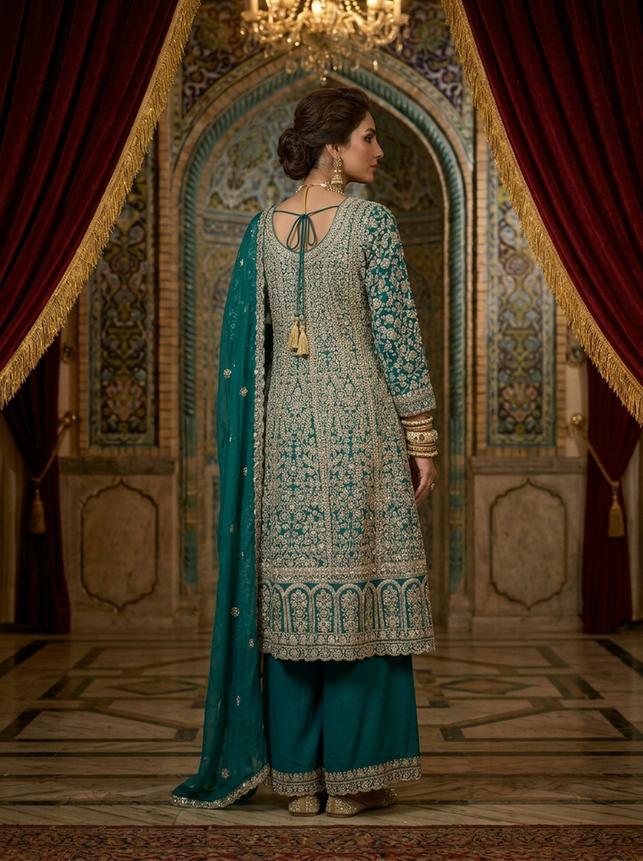 Neerus Green georgette embroidered suit set with palazzo and dupatta - back view