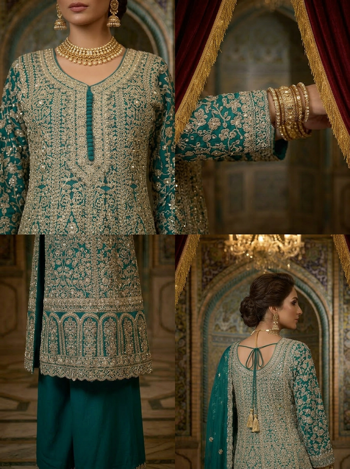 Neerus Green georgette embroidered suit set with palazzo and dupatta - side view