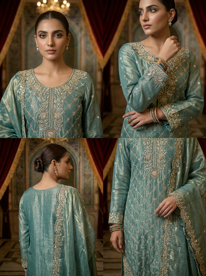 Neerus Blue silk hand embroidered suit set - side view