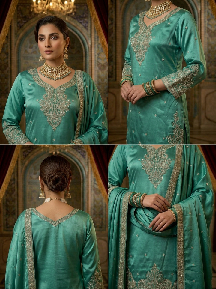 Neerus Green silk hand embroidered suit set - side view