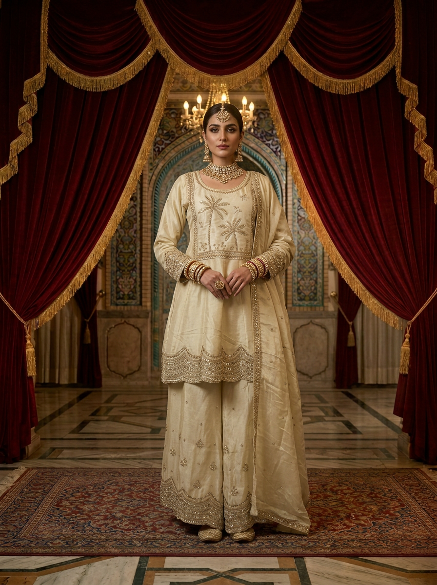 Neerus Beige tissue hand embroidered sharara set - front view