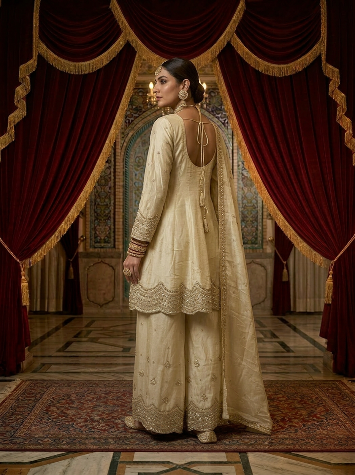 Neerus Beige tissue hand embroidered sharara set - back view