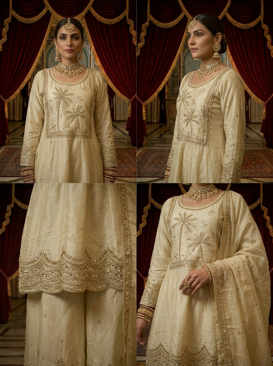 Neerus Beige tissue hand embroidered sharara set - side view