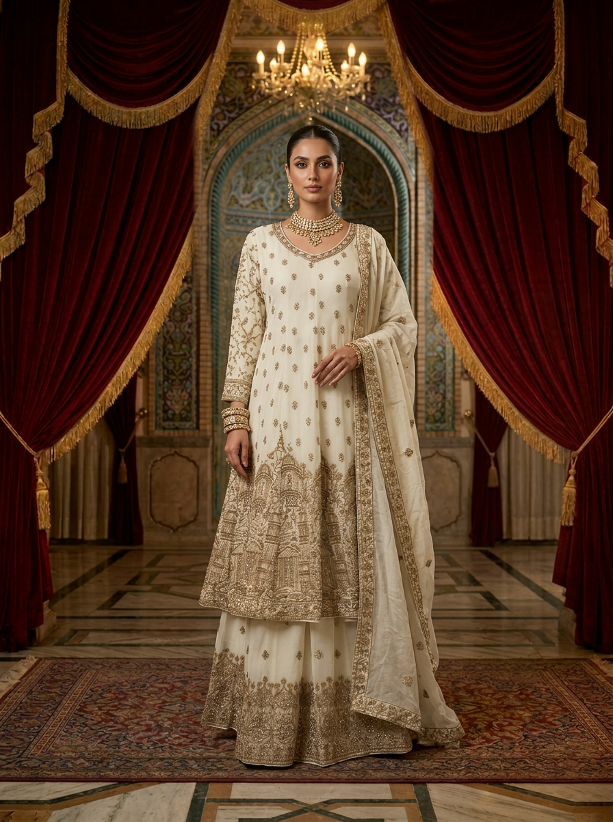 Neerus Beige georgette hand embroidered sharara suit set - front view