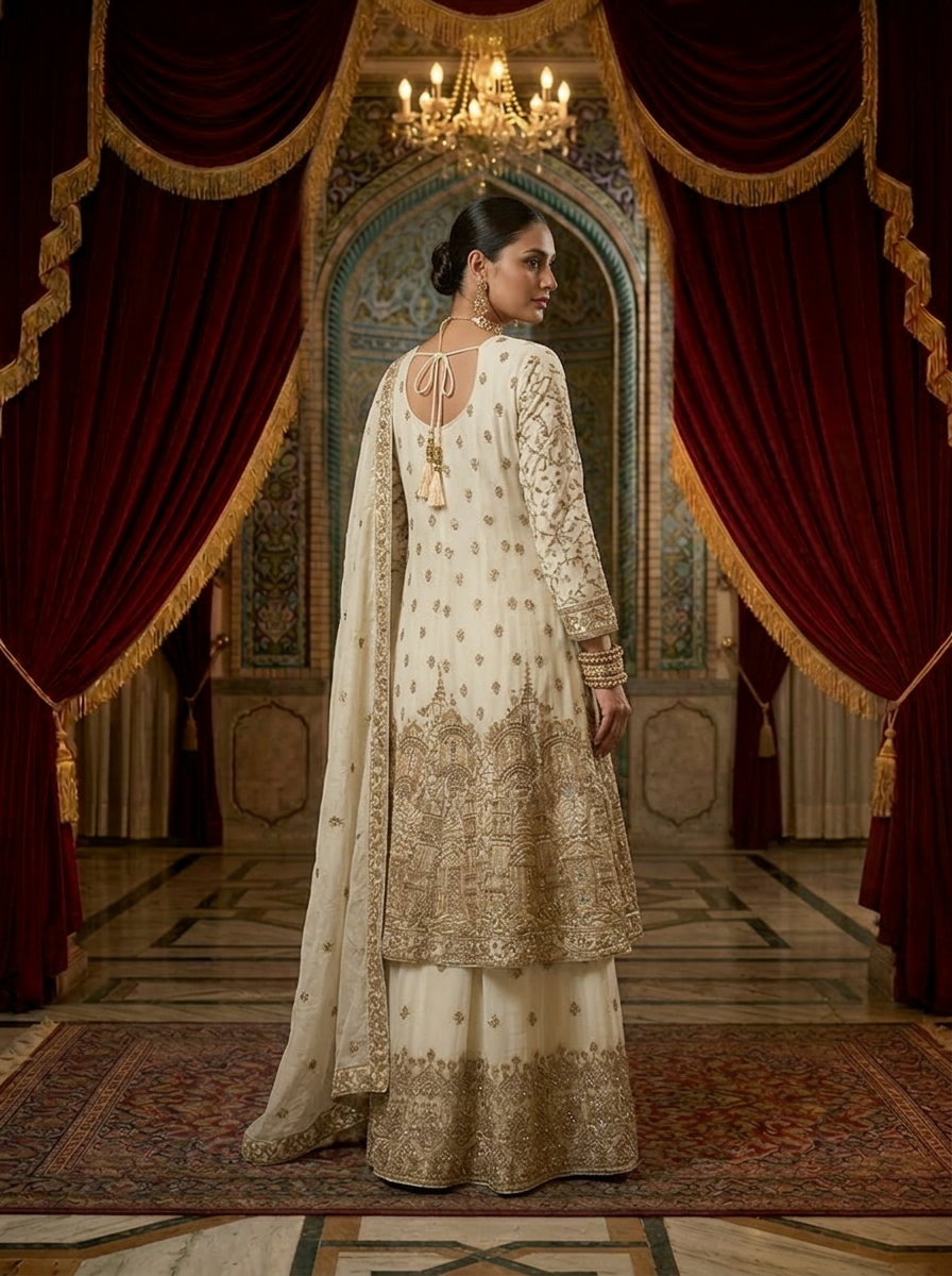 Neerus Beige georgette hand embroidered sharara suit set - back view