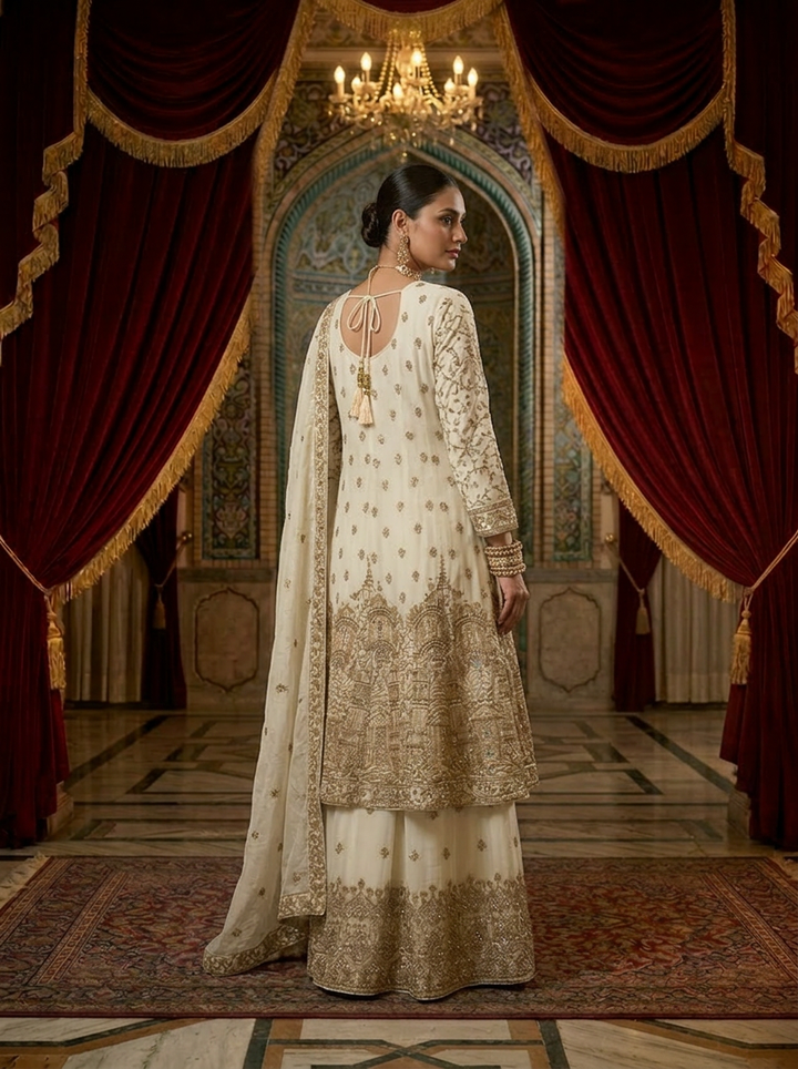 Neerus Beige georgette hand embroidered sharara suit set - back view