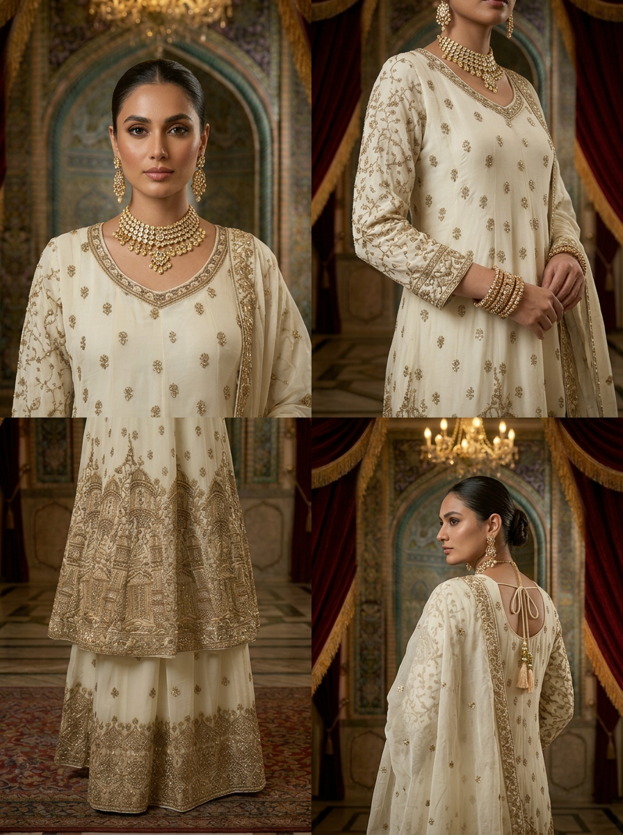 Neerus Beige georgette hand embroidered sharara suit set - side view