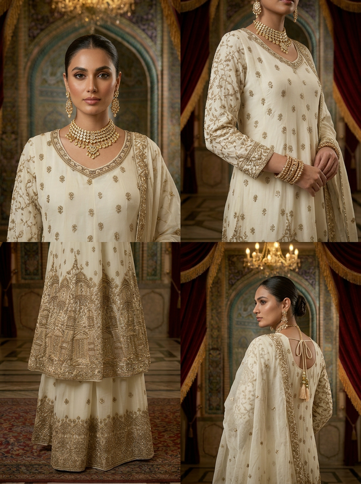 Neerus Beige georgette hand embroidered sharara suit set - side view