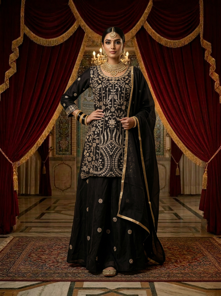 Neerus Maroon silk hand embroidered suit set - front view
